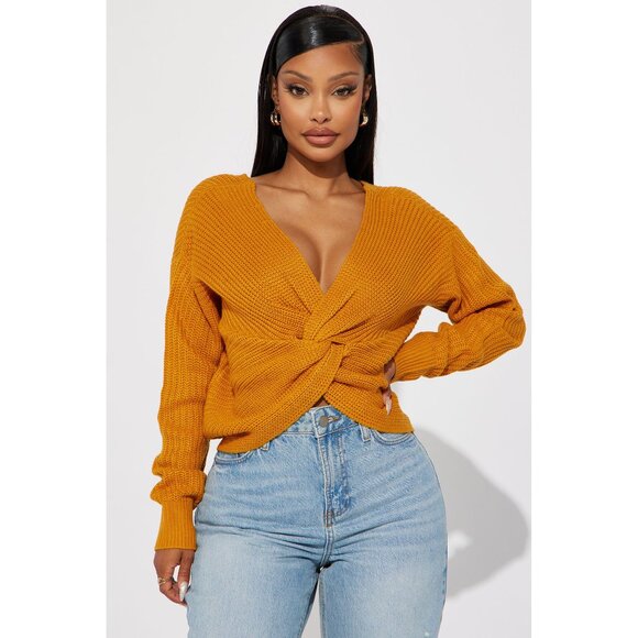 NWT Fashion Nova Cable Knit Knot Back Sweater in Mustard Size Medium - Picture 4 of 4